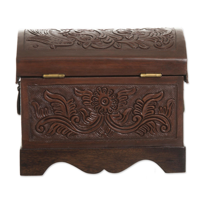 Dekorative Box aus Leder und Holz - Braune dekorative Box aus Leder und Holz mit Vogelmuster aus Peru