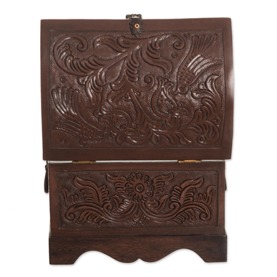 Caja decorativa de cuero y madera - Caja decorativa de cuero y madera con diseño de pájaro marrón de Perú