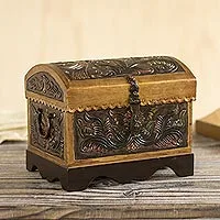 Leather and wood decorative box, 'Colorful Chest' - Colorful Leather and Wood Decorative Box from Peru