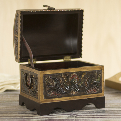 Leather and wood decorative box, 'Colorful Chest' - Colorful Leather and Wood Decorative Box from Peru