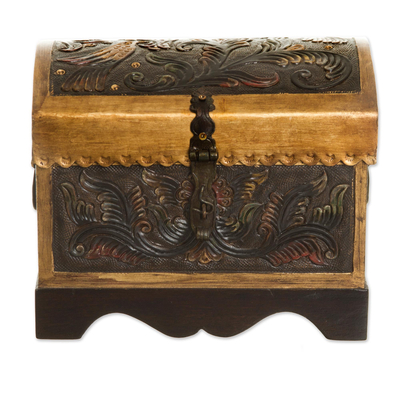 Caja decorativa de cuero y madera - Caja decorativa colorida de cuero y madera de Perú