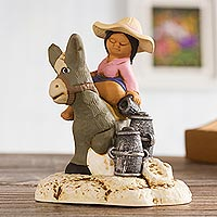 Ceramic figurine, 'Riding a Burro' - Ceramic Figurine of a Woman on a Donkey from Peru