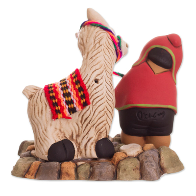 estatuilla de ceramica - Figura de ceramica de un hombre con una llama de Perú