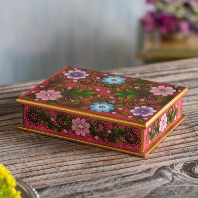 Reverse-painted glass decorative box, 'Margarita Garden in Pink' - Floral Reverse-Painted Glass Decorative Box in Pink