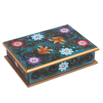 Floral Reverse-Painted Glass Decorative Box in Blue