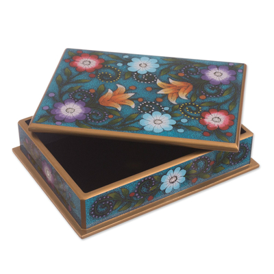 Reverse-painted glass decorative box, 'Margarita Garden in Blue' - Floral Reverse-Painted Glass Decorative Box in Blue