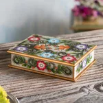 Reverse-painted glass decorative box, 'Margarita Garden in White' - Colorful Reverse-Painted Glass Decorative Box from Peru