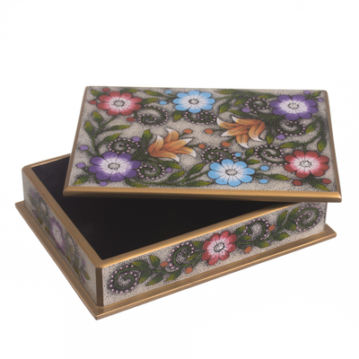 Reverse-painted glass decorative box, 'Margarita Garden in White' - Colorful Reverse-Painted Glass Decorative Box from Peru