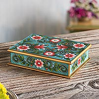 Pink and Green Floral Reverse-Painted Glass Decorative Box,'Verdant Margarita Garden'