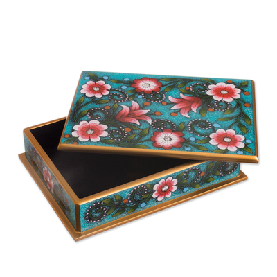 Reverse-painted glass decorative box, 'Verdant Margarita Garden' - Pink and Green Floral Reverse-Painted Glass Decorative Box