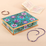 Reverse-painted glass decorative box, 'Margarita Bliss in Blue' - Purple and Blue Reverse-Painted Glass Decorative Box