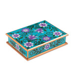 Reverse-painted glass decorative box, 'Margarita Bliss in Blue' - Purple and Blue Reverse-Painted Glass Decorative Box