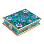 Reverse-painted glass decorative box, 'Margarita Bliss in Blue' - Purple and Blue Reverse-Painted Glass Decorative Box