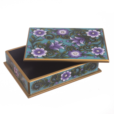 Caja decorativa de cristal pintado al revés - Caja decorativa de vidrio pintado al revés morado y azul
