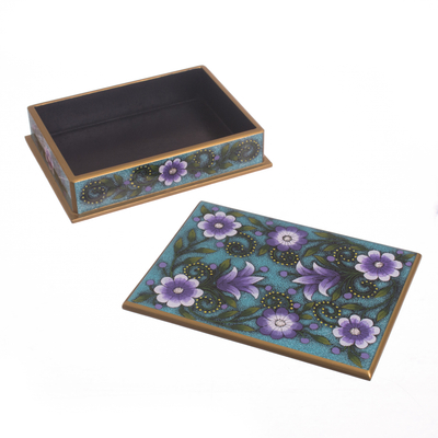 Reverse-painted glass decorative box, 'Margarita Bliss in Blue' - Purple and Blue Reverse-Painted Glass Decorative Box