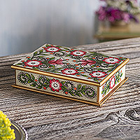 Reverse-painted glass decorative box, 'Margarita Charm' - Pink Floral Reverse-Painted Glass Decorative Box from Peru