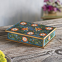 Caja decorativa de vidrio pintado al revés, 'Margarita Delight' - Caja decorativa de vidrio pintado al revés en naranja y azul