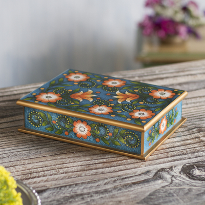 Reverse-painted glass decorative box, 'Margarita Delight' - Orange and Blue Reverse-Painted Glass Decorative Box