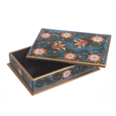 Dekorative Box aus rückseitig lackiertem Glas - Dekorative Box aus orangefarbenem und blau hinterlackiertem Glas