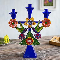 Recycled metal candelabra, 'Hummingbird Temple in Blue' - Hummingbird-Themed Recycled Metal Candelabra in Blue