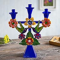 Recycled metal candelabra, 'Hummingbird Temple in Blue'