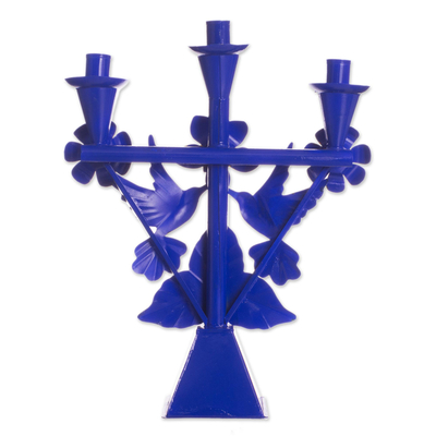 Recycled metal candelabra, 'Hummingbird Temple in Blue' - Hummingbird-Themed Recycled Metal Candelabra in Blue