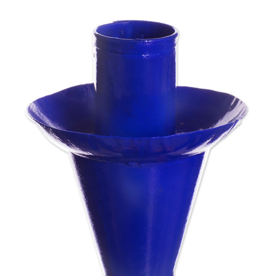 Candelabro de metal reciclado - Candelabro de metal reciclado con temática de colibrí en azul