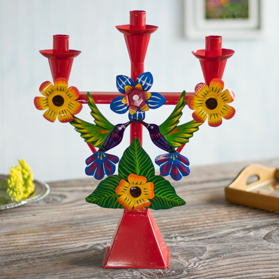 Recycled metal candelabra, Hummingbird Temple in Red