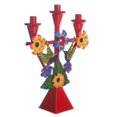 Recycled metal candelabra, 'Hummingbird Temple in Red' - Hummingbird-Themed Recycled Metal Candelabra in Red