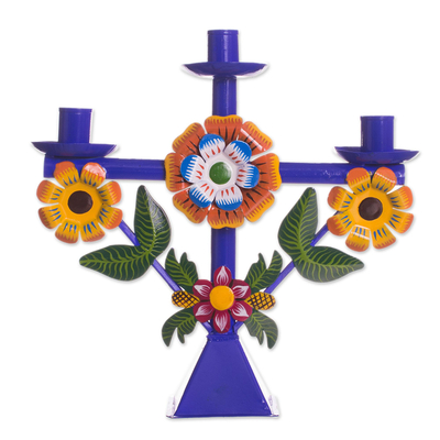 Recycled metal candelabra, 'Margarita Temple in Blue' - Floral Recycled Metal Candelabra in Blue from Peru