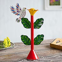 Recycled metal candleholder, 'Sweet Dove in Red' - Recycled Metal Dove Candle Holder in Red from Peru