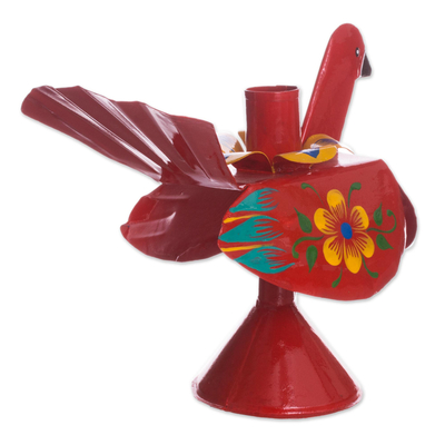 Recycled metal candleholder, 'Floral Peacock in Red' - Recycled Metal Peacock Candle Holder in Red from Peru