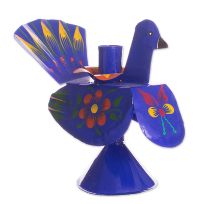 Recycled Metal Peacock Candle Holder in Blue from Peru