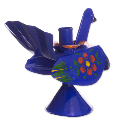 Recycled metal candleholder, 'Floral Peacock in Blue' - Recycled Metal Peacock Candle Holder in Blue from Peru