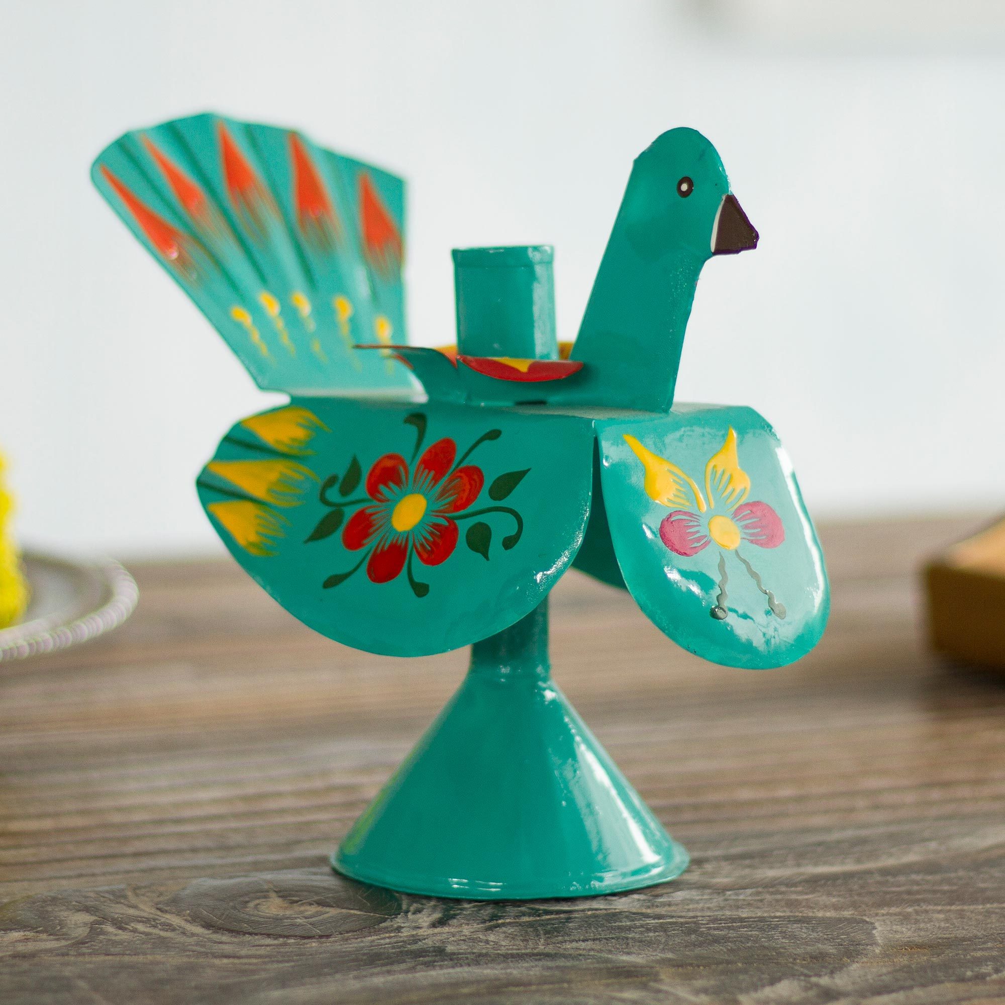 Recycled Metal Peacock Candle Holder in Aqua from Peru Floral Peacock