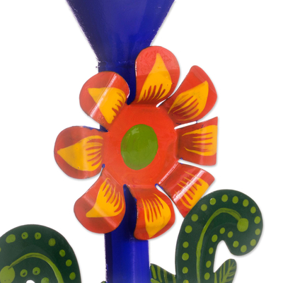 Recycled metal candleholder, 'Margarita Beauty in Blue' - Recycled Metal Flower Candle Holder in Blue from Peru