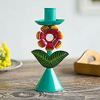 Recycled metal candleholder, 'Delightful Flower in Aqua'