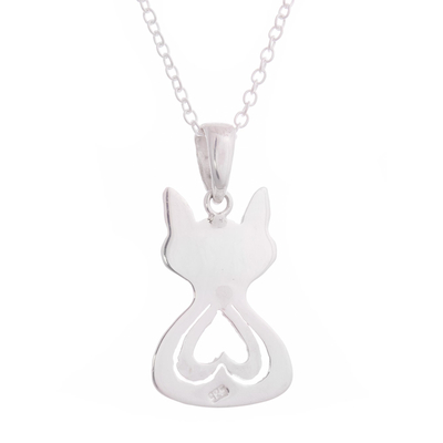 Sterling silver pendant necklace, 'Heart of the Cat' - Heart Pattern Cat-Shaped Sterling Silver Pendant Necklace