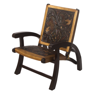 Leather and wood chair, 'Colonial Royalty' - Hand-Tooled Leather and Mohena Wood Chair from Peru