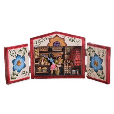 Wood and ceramic retablo, 'The Bread Shop' - Wood and Ceramic Retablo of a Bread Shop from Peru