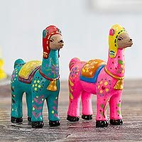 Peru Folk art handpainted in ceramic Peruvian sculpture by hand Couple Llama Ceramic Figurine 5.3 Tall Couple red Llama Figurine Pottery Sculpture llama