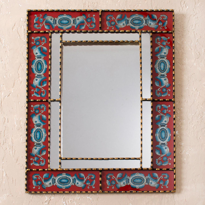 Reverse-painted glass wall mirror, 'Blue Medallions' - Rectangular Blue and Red Reverse-Painted Glass Wall Mirror
