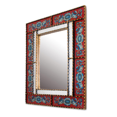 Espejo de pared de vidrio pintado al revés, 'Blue Medallions' - Espejo de pared rectangular de vidrio pintado al revés en azul y rojo