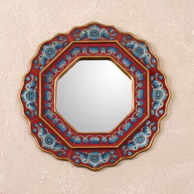 Reverse-painted glass wall mirror, 'Afternoon Star' - Blue and Red Reverse-Painted Glass Wall Mirror from Peru