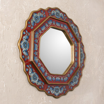 Reverse-painted glass wall mirror, 'Afternoon Star' - Blue and Red Reverse-Painted Glass Wall Mirror from Peru