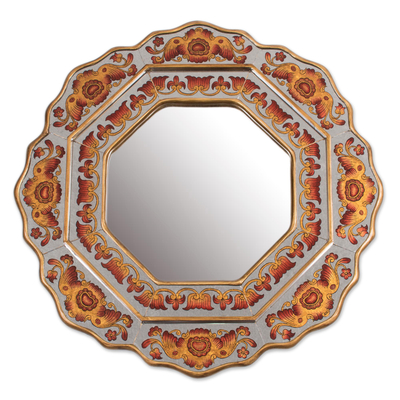 Reverse-painted glass wall mirror, 'Colonial Star' - Orange Floral Reverse-Painted Glass Wall Mirror from Peru