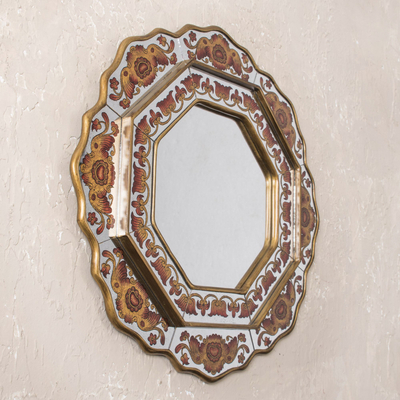 Reverse-painted glass wall mirror, 'Colonial Star' - Orange Floral Reverse-Painted Glass Wall Mirror from Peru