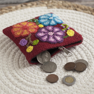 Wool coin purse, 'Cherry Garden' - Floral Embroidered Wool Coin Purse in Cherry from Peru