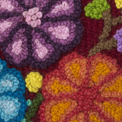 Monedero de lana - Monedero de lana con bordado floral en cereza de Perú