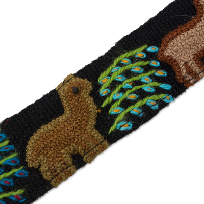 Wool headband, 'Llama Parade' - Embroidered Llama Pattern Wool Headband from Peru